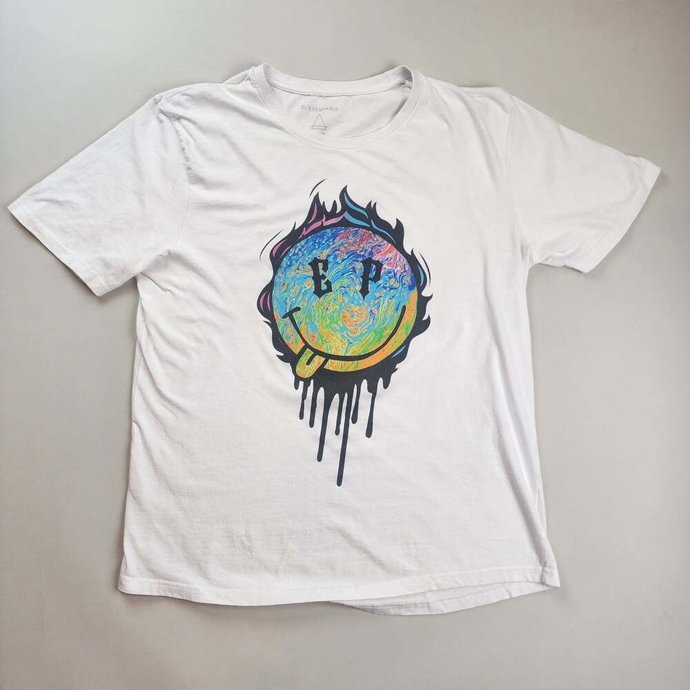 Eleven Paris Melted Psych Smiley Face Graphic White T-Shirt Size XL